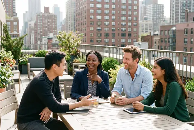 Colleagues laughing together on a city rooftop