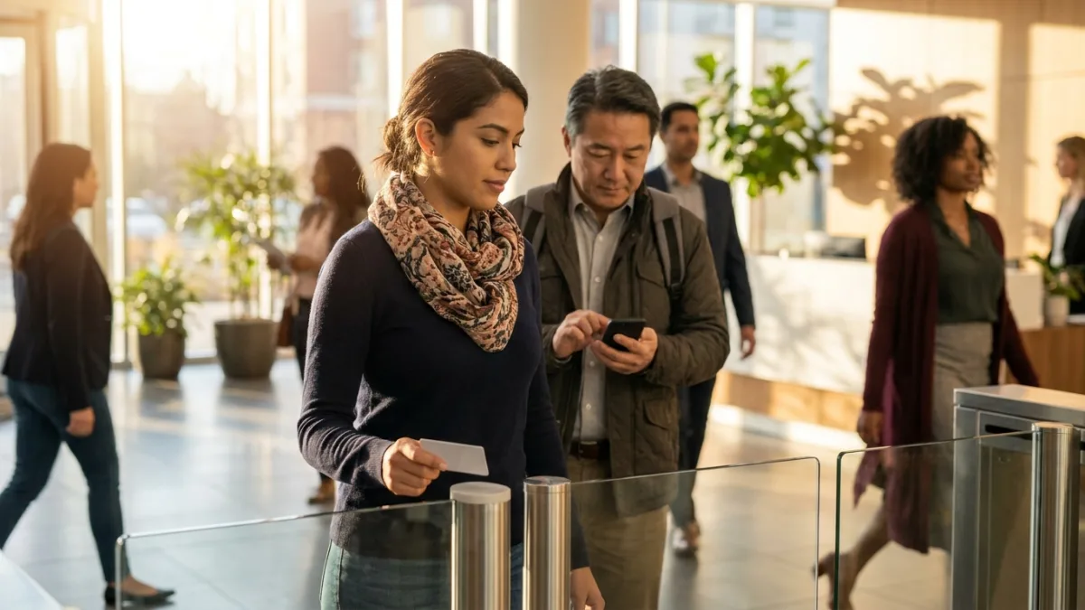 Security trends 2026 in practice: a woman taps her staff ID card on a reader at an office entrance gate while a man waits behind her