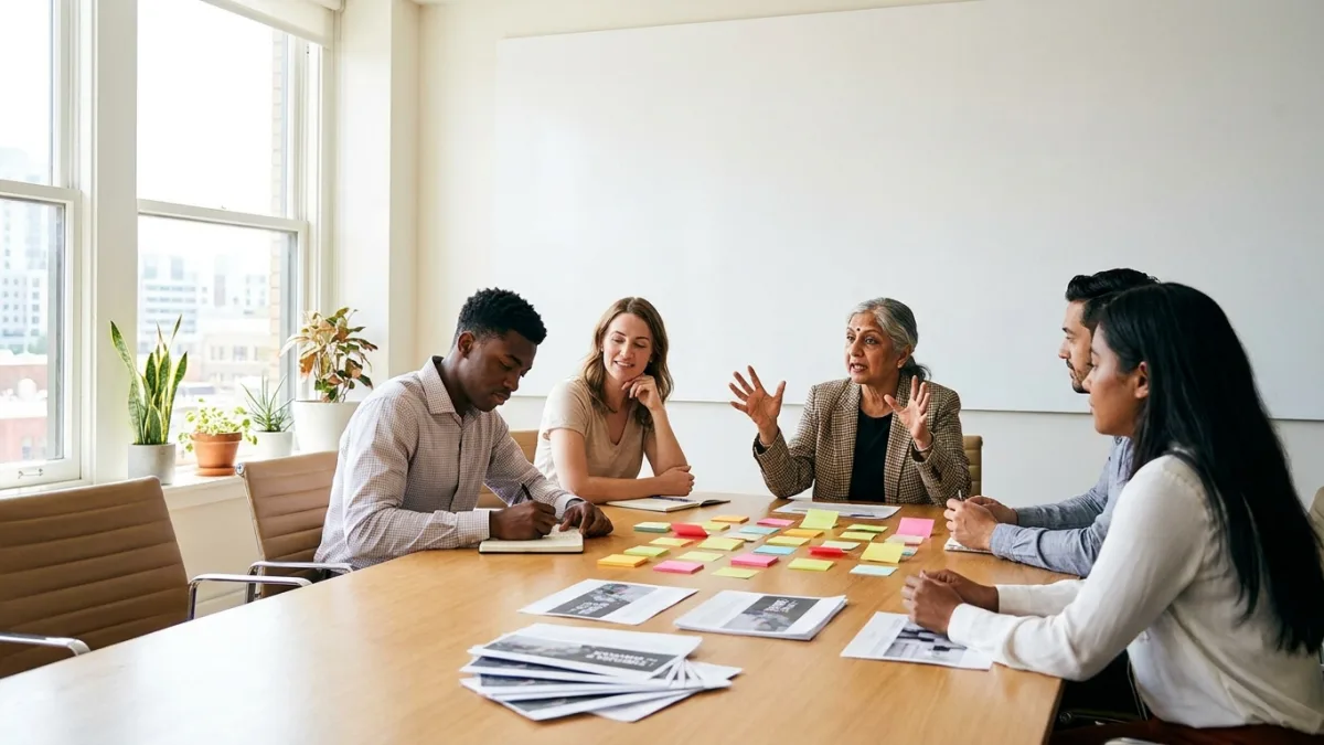 Five colleagues talk around a wooden meeting table covered in sticky notes in a sunlit room